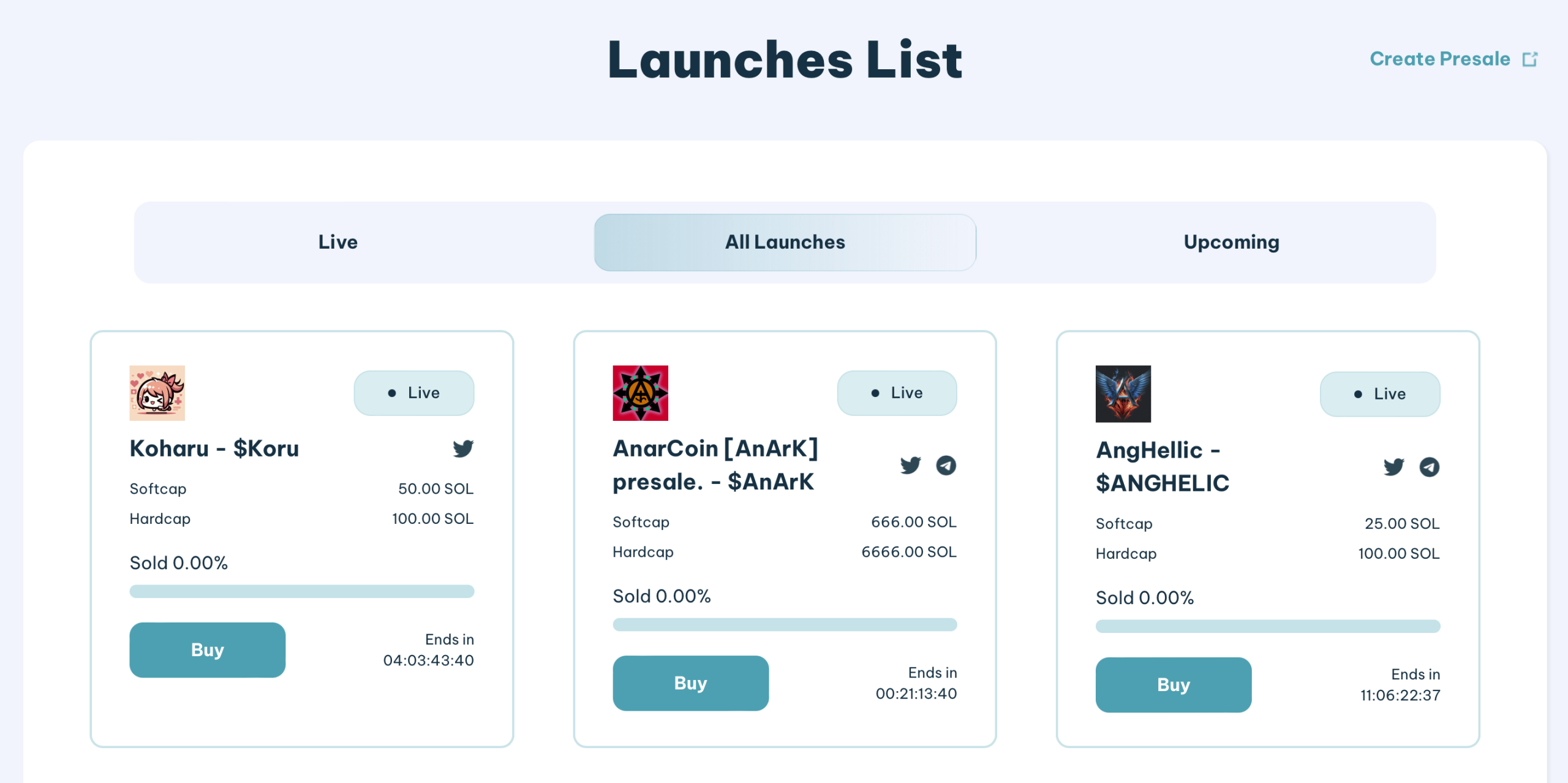 Launches list in Smithii token launchpad.